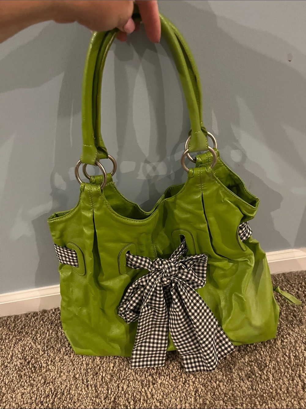 Green Shoulder Tote with Gingham Bow